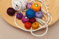 Yarn, crochet hooks , scissors and cord