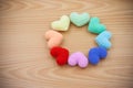 Yarn hearts on wood background Royalty Free Stock Photo