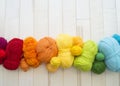 Yarn for knitting rainbow. Wood background