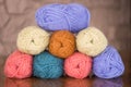 Yarn Pyramid Made from Eight Skeins of Colorful Wood Yarn Royalty Free Stock Photo