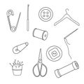 Yarn, scissors, threads line vector icon collection isolated on white. Needlework, tools for sewing and knitting outline Royalty Free Stock Photo