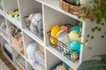 Yarn storage organization textile hobby supplies contemporary cupboard shelves