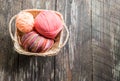 Yarn in worven basket; old wood planks background