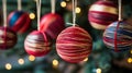 Yarn-wrapped Christmas ornaments, adding a handmade touch