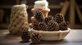 Yarn-wrapped pinecones, a natural home decor element
