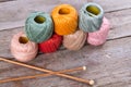 Yarns for knitting with wooden knitting needles. Royalty Free Stock Photo