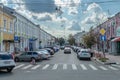 Yaroslavl: the life of ordinary people in the city - a street, an old house, a Christian church Royalty Free Stock Photo