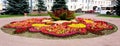 Beautiful flower bed on the square in front of the Academic Drama Theater F. Volkov in Yaroslavl, Russia