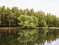 Yaroslavl. Warm evening in Neftyanik Park. Park refinery. Reflection of colorful sunset in the lake. Peace and quiet surrounded by Royalty Free Stock Photo