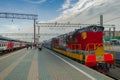 Yaroslavsky train station with passengers walking with luggage, Moscow Royalty Free Stock Photo