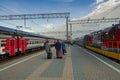 Yaroslavsky train station with passengers walking with luggage Royalty Free Stock Photo