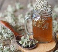 Yarrow.Herbal tea using dried yarrow flowers in a glass on a wooden background Royalty Free Stock Photo