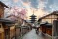 Yasaka Pagoda and Sannen Zaka Street with cherry blossom in the Royalty Free Stock Photo