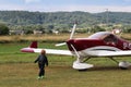 Yaslo, Poland - july 3 2018: Red light two-seater turboprop aircraft of red color. Airshow free time spending time for entertainme