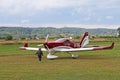 Yaslo, Poland - july 3 2018: Red light two-seater turboprop aircraft of red color. Airshow free time spending time for entertainme