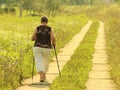 Yaslo, Poland - july 9 2018: Scandinavian / nordic walking. A woman in city clothes stroll through the summer`s grass in the rays