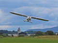 Yaslo, Poland - july 3 2018:Take off from the airfield a light two-seater turboprop aircraft. Raising a future pilot. Love of flyi Royalty Free Stock Photo