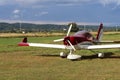 Yaslo, Poland - july 3 2018:Yaslo, Poland - july 3 2018: Red light two-seater turboprop aircraft of red color. Airshow free time s Royalty Free Stock Photo