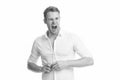 Yawn is silent scream. Yawny man undress isolated on white. Handsome guy give yawn. Tiredness and fatigue. Yawn when Royalty Free Stock Photo