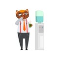 Yawning businessman cat with cup of tea, funny humanized animal cartoon character at work vector Illustration on a white