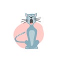 Yawning grey cat on a pink background icon. Vector illustration.