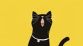 Yawning or singing 2d cat illustration. Black and yellow, horizontal layout