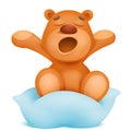 Yawning teddy bear cartoon character sitting on pillow