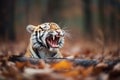 yawning tiger showing teeth in forest clearing