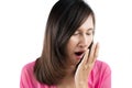 Yawning tired woman isolate on white background