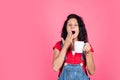 yawning woman smell hot beverage. enjoying tasty drink. girl drinking coffee form cup. fresh and delicious. get some Royalty Free Stock Photo