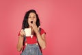 yawning woman smell hot beverage. enjoying tasty drink. girl drinking coffee form cup. fresh and delicious. get some Royalty Free Stock Photo