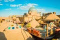 Yazd, Iran - 19th june, 2022: beautiful interior traditional open rooftop cafe seating with city view panorama. Famous sightseeing