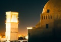 Yazd rooftops panorama with starry night. Muslim architecture dome buildings and art