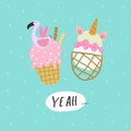 Yeah. cartoon ice cream, hand drawing lettering. Summer colorful vector illustration, flat style.
