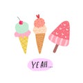 Yeah. cartoon ice cream, hand drawing lettering. Summer colorful vector illustration, flat style.