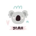 Yeah. Cartoon koala, hand drawn lettering. Flat vector illustration for kids.