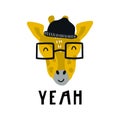 Yeah - Cute hand drawn nursery poster with cool giraffe animal with glasses and a hat and with hand drawn lettering.