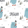 Yeah- Cute seamless pattern with boy and monster and lettering in scandinavian style. Color kids illustration