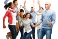 Yeah. Group of casually dressed young adults jumping excitedly against a white background. Royalty Free Stock Photo