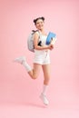 Yeah I pass! Portrait of crazy high schoolgirl got excellent mark on test best students in campus Royalty Free Stock Photo