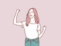 Yeah pose cheerful confident woman celebrates success shout winner simple korean style illustration