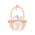 Easter egg hunt. cartoon eggs, basket, hand drawing lettering, decor elements. festive colorful vector illustration. Royalty Free Stock Photo