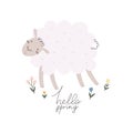 hello spring. Cartoon sheep, flowers, hand drawing lettering. colorful spring vector illustration, flat style.