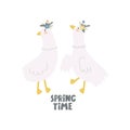 spring time. Cartoon sheep, flowers, hand drawing lettering. colorful spring vector illustration, flat style.