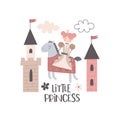 Little princess. cartoon princess, castle, hand drawing lettering, decor elements. colorful vector illustration, flat style. Royalty Free Stock Photo