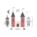 cartoon knight, castle, decor elements. colorful vector illustration, flat style.