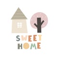 sweet home. cartoon house, hand drawing lettering, decor elements. colorful illustration for kids, flat style. Royalty Free Stock Photo
