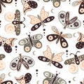 Seamless pattern with cartoon butterflies, decorative elements. Flat style colorful vector illustration for kids. hand drawing. Royalty Free Stock Photo