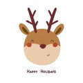 Happy holidays. Cartoon deer, hand drawing lettering, dÃ©cor elements. holiday theme. Royalty Free Stock Photo