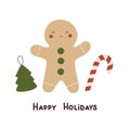 Happy holidays . Cartoon gingerbread man, christmas tree, hand drawing lettering, dÃ©cor elements. holiday theme. Royalty Free Stock Photo